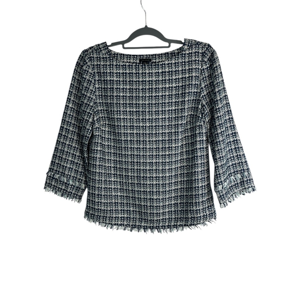 NWT Ann Taylor Tweed Frayed Hem 3/4 Sleeve Top Blue White Black Size 4 career